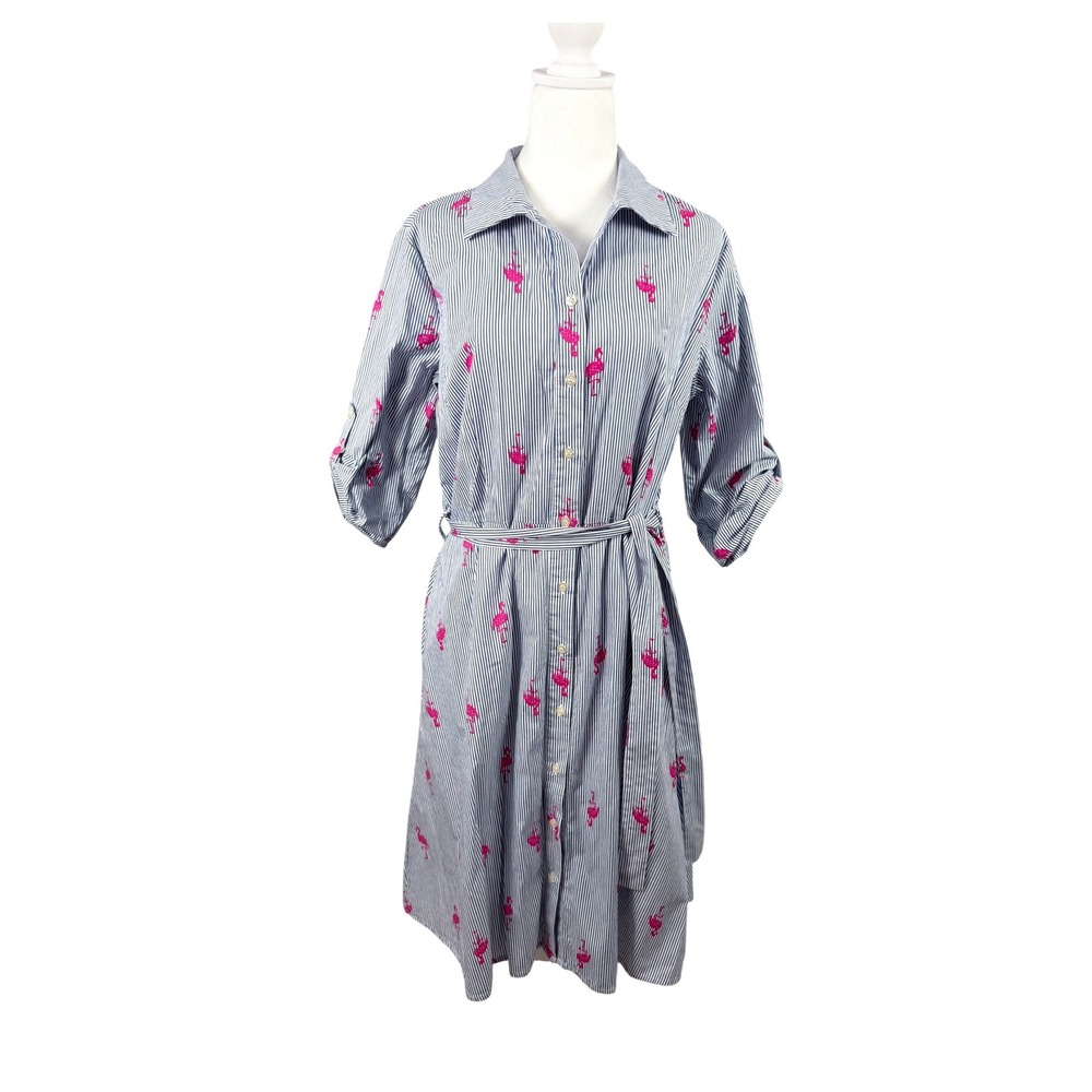 Chloe + Rene Shirt Dress Womens Large Blue White Stripe Pink Flamingo
